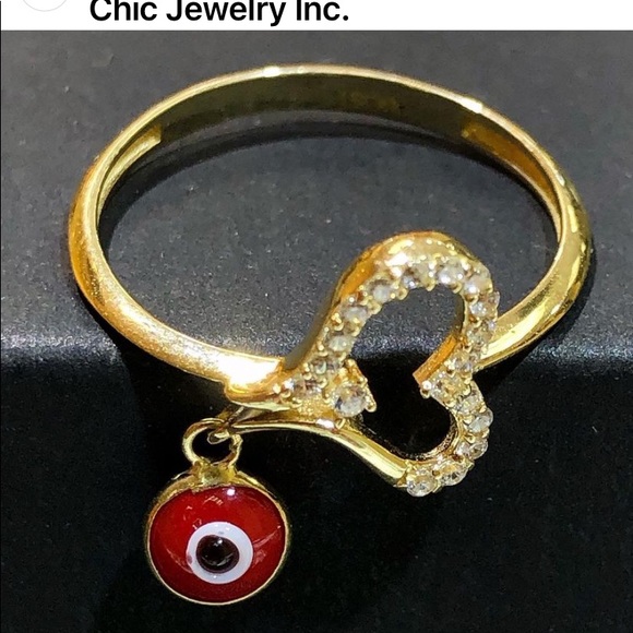 New 14K yellow Gold red evil eye CZ heart Ring - Picture 4 of 8